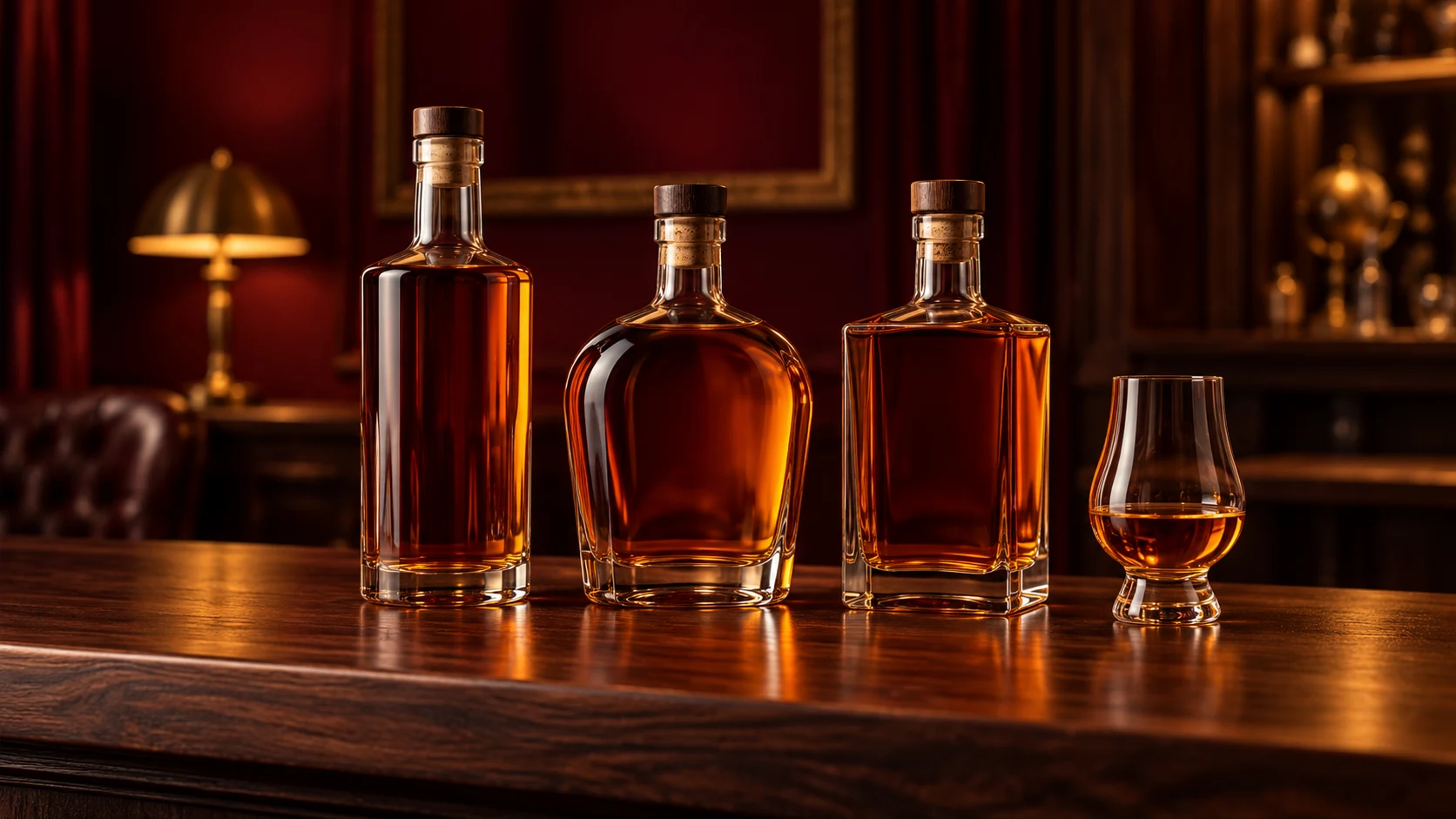 Illustrative still life of amber spirits bottles on a walnut bar